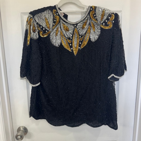 Tops - Vintage Lawrence Kazar Silk Women's XL Beaded Short Sleeve Shirt Shoulder Pads
